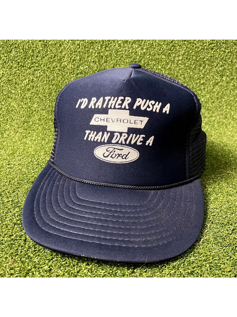 Vintage Nissin I'd Rather Push A Chevrolet Than Drive A Ford Trucker Hat Cap OS